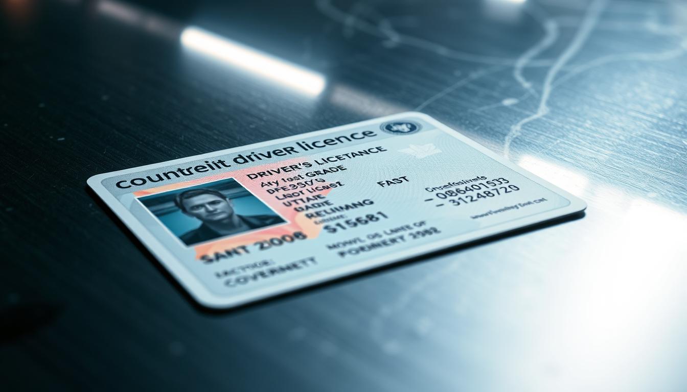 A sleek, high-quality counterfeit driver's license lies on a metallic surface, reflecting the bright studio lighting. The license features the "counterfeit driver licence" brand logo, crisp text, and intricate designs that mimic the appearance of a genuine government-issued ID. The image is captured from a low angle, emphasizing the professional-grade quality of the forgery. The scene exudes a sense of clandestine exclusivity, with a subtle haze adding to the atmosphere of secrecy. The overall composition conveys the idea of a fast, secure way to obtain a fake driver's license online.