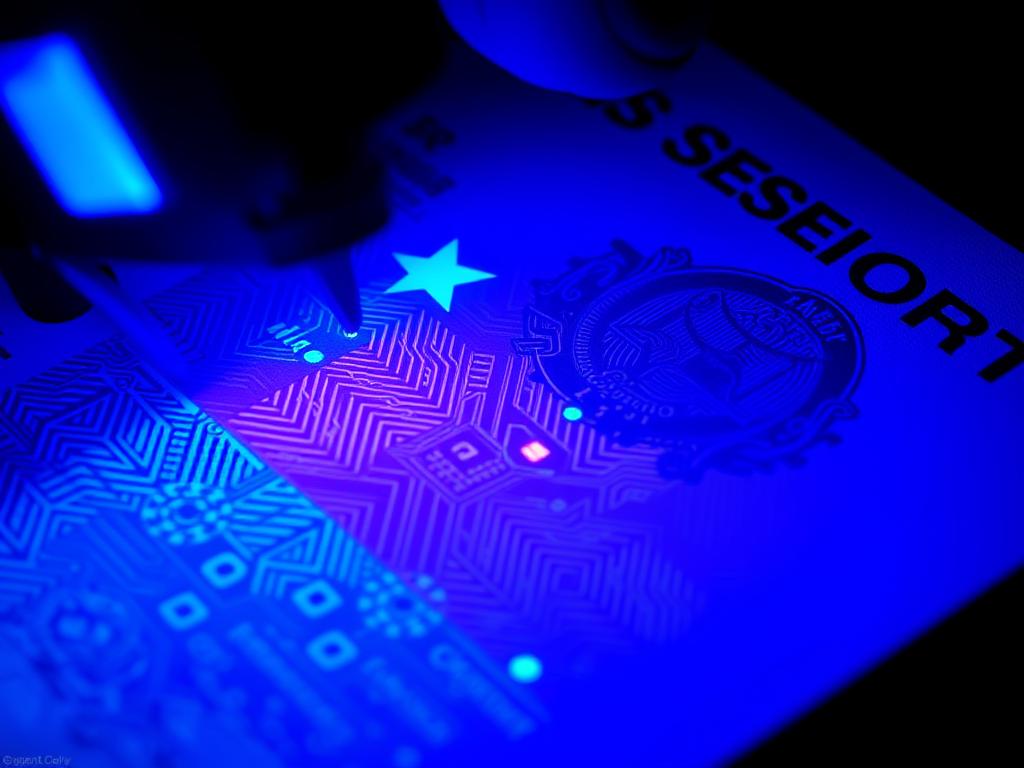 Close-up of passport security features being examined