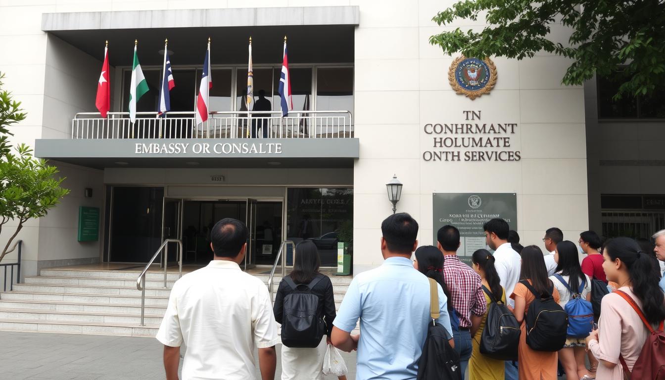 Embassy building with people waiting outside