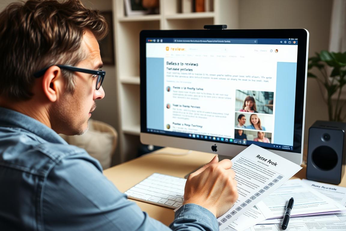 Person examining online reviews on computer screen