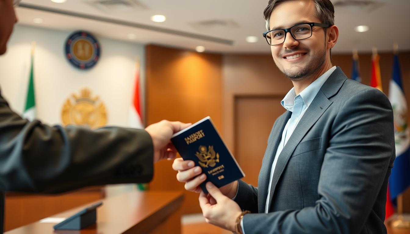 Person receiving official passport at government office