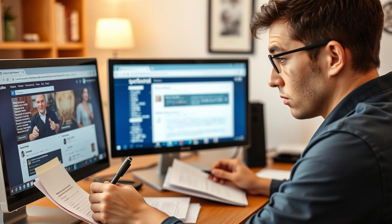 Person researching online reviews and forums