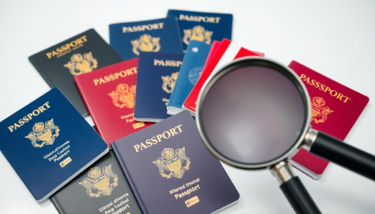 Various passport documents with security features highlighted